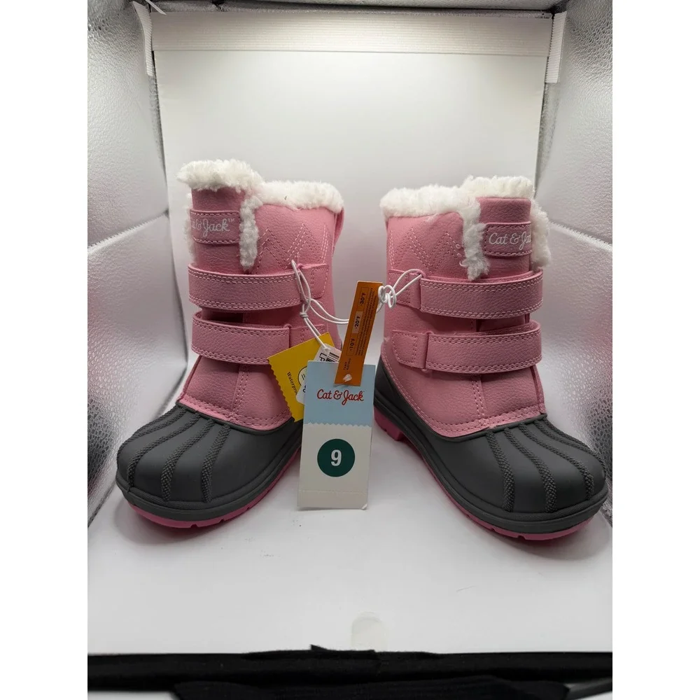 Cat & Jack Girls Pink Gray Waterproof Winter Snow Boots Faux Fur Size 9 NWT
